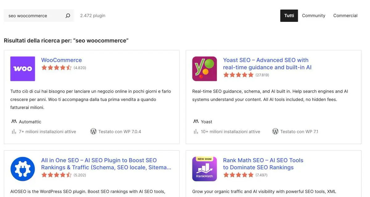 Directory WordPress, ricerca seo woocommerce: 2.472 plugin, Yoast SEO con 27.819 recensioni e oltre 10 milioni di installazioni attive
