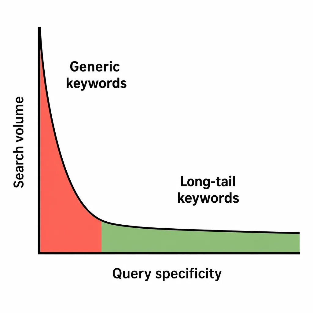Chart explaining the long tail in SEO, showing the difference in search volume between generic and specific keywords.
