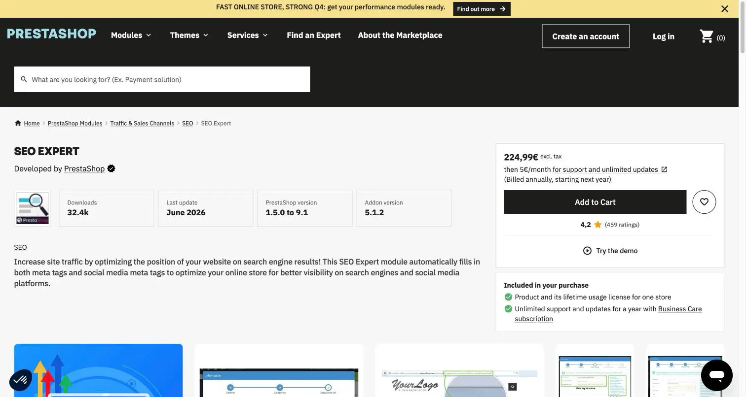 SEO Expert module page on the PrestaShop Addons marketplace: developed by PrestaShop, version 5.1.2, compatible 1.5.0 to 9.1