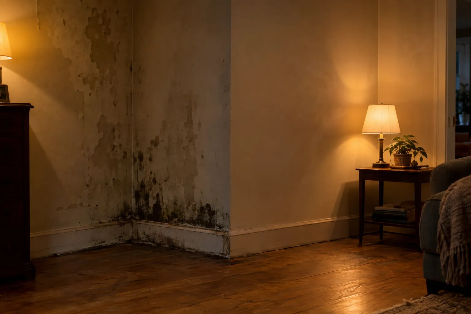 Salon sombre et mal ventilé avec moisissures sur le mur et éclairage lamplight; path vers air vicié conséquence et santé.