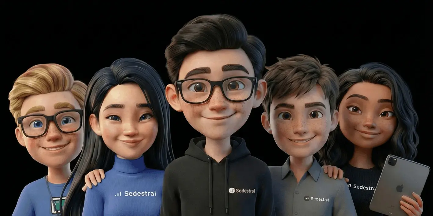 A group of five animated avatars, diverse in appearance, stand together smiling; one wears a Sedestral hoodie, others in casual outfits, against a dark background.