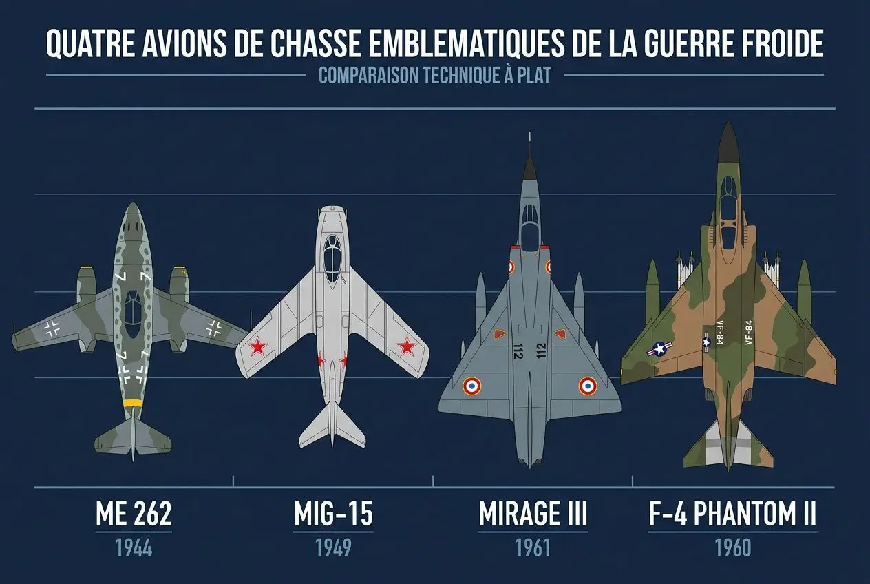 Quatre avions de chasse emblématiques de la guerre froide représentant ME 262 (1944), MiG-15 (1949), Mirage III (1961) et F-4 Phantom II (1960).