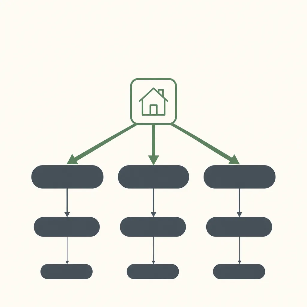 Pyramide d'architecture web : la page d'accueil alimente trois catégories, puis des sous-catégories et des pages finales.
