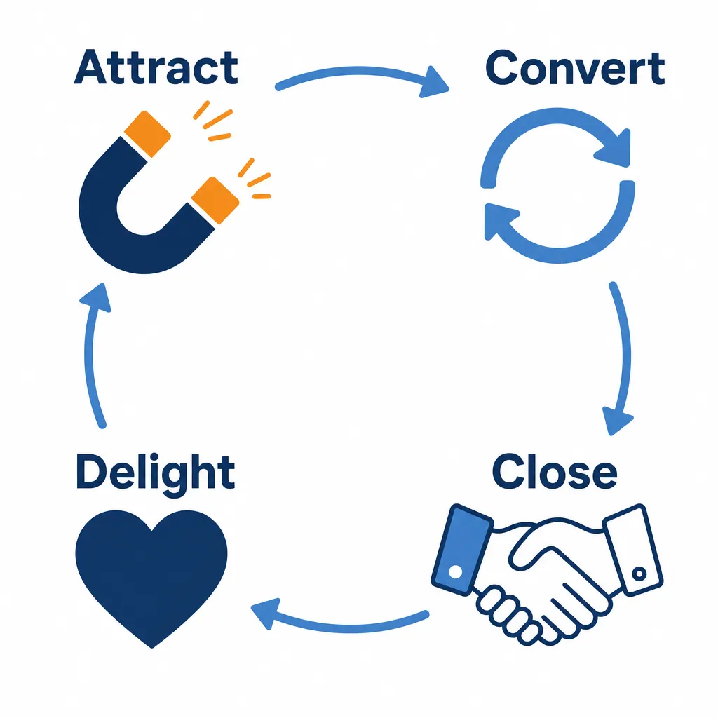 Diagram of the 4-stage inbound marketing methodology: Attract, Convert, Close and Delight, shown as a continuous cycle.