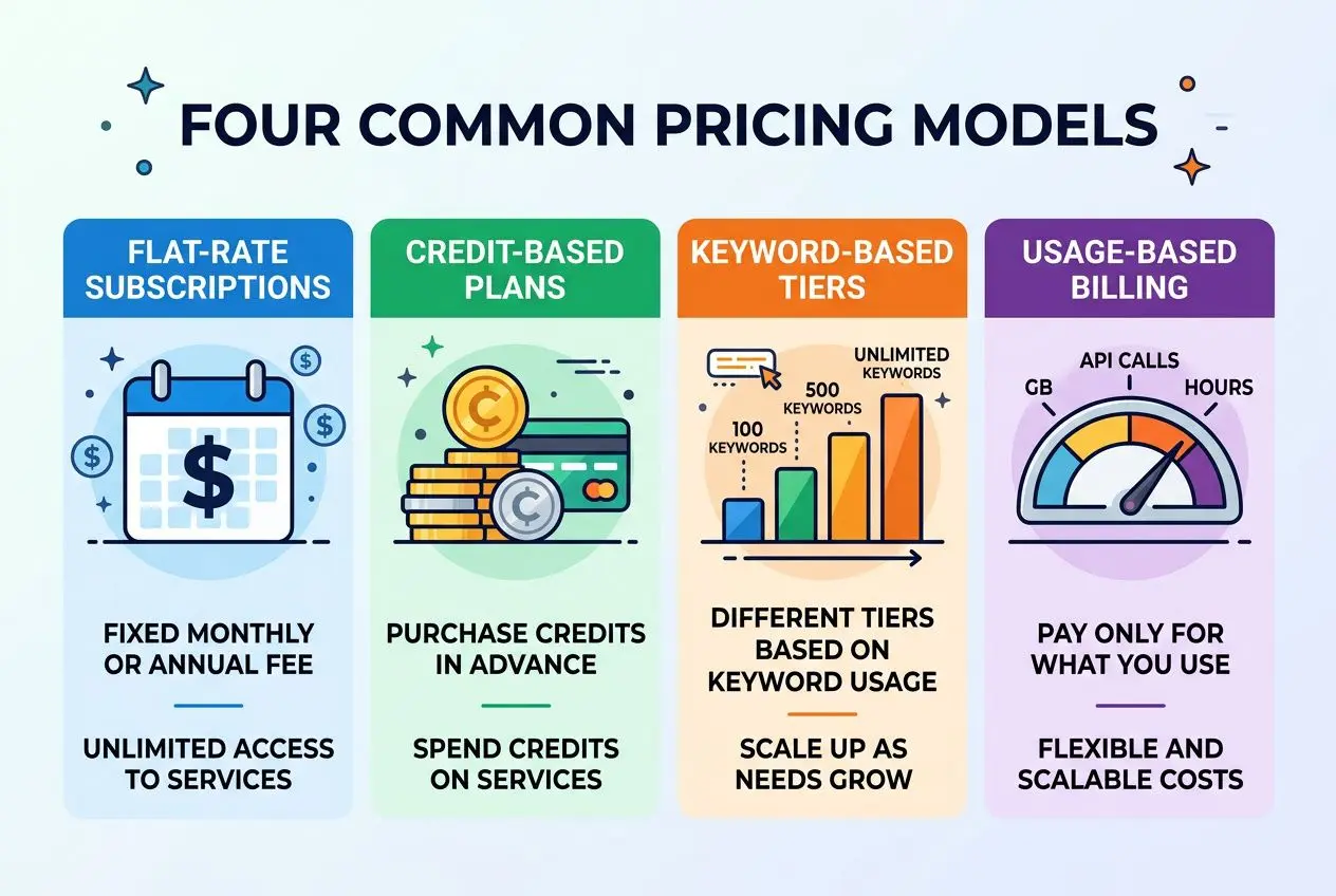 Four common pricing models: flat-rate subscriptions, credit-based plans, keyword-based tiers, and usage-based billing, each with visuals and brief descriptions. seo automation tools 2026