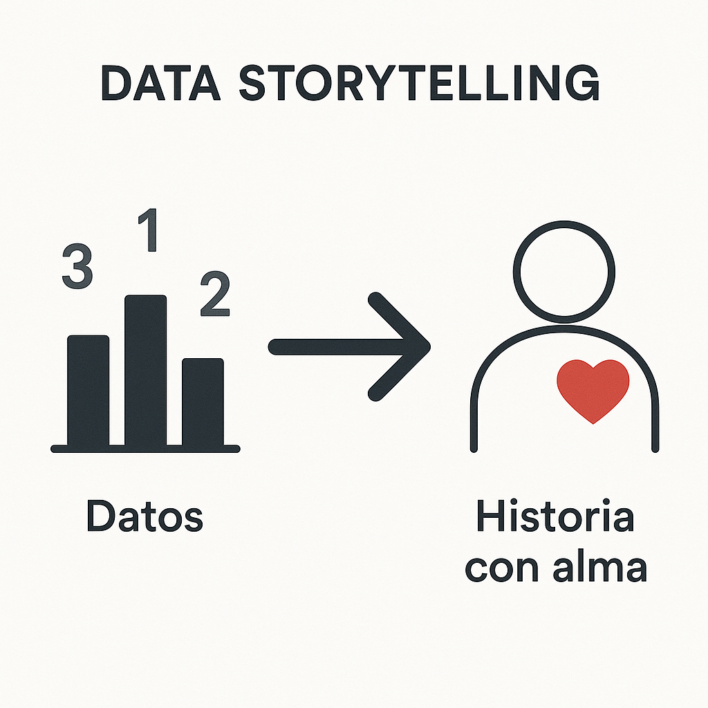 Infografía que ilustra el concepto de data storytelling, mostrando la transformación de datos brutos y estadísticas en una narrativa con contexto e impacto emocional.