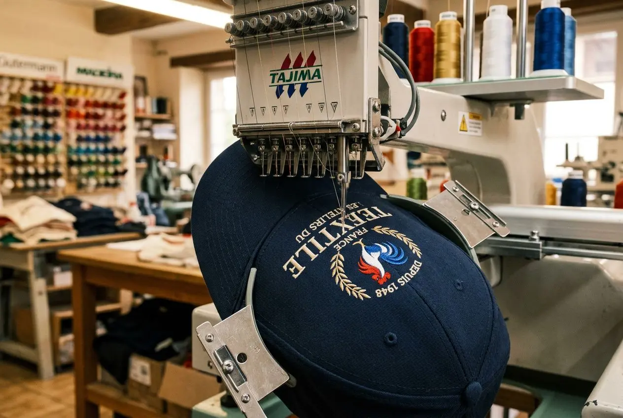 Casquette en cours de broderie sur une machine industrielle, atelier avec écheveaux de fils et stands de couture en arrière-plan. broderie sur casquette qualité intégrée, précision et durabilité.