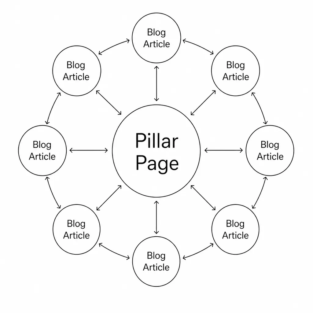 Topic cluster internal linking diagram showing blog articles linked to a central pillar page to strengthen SEO.