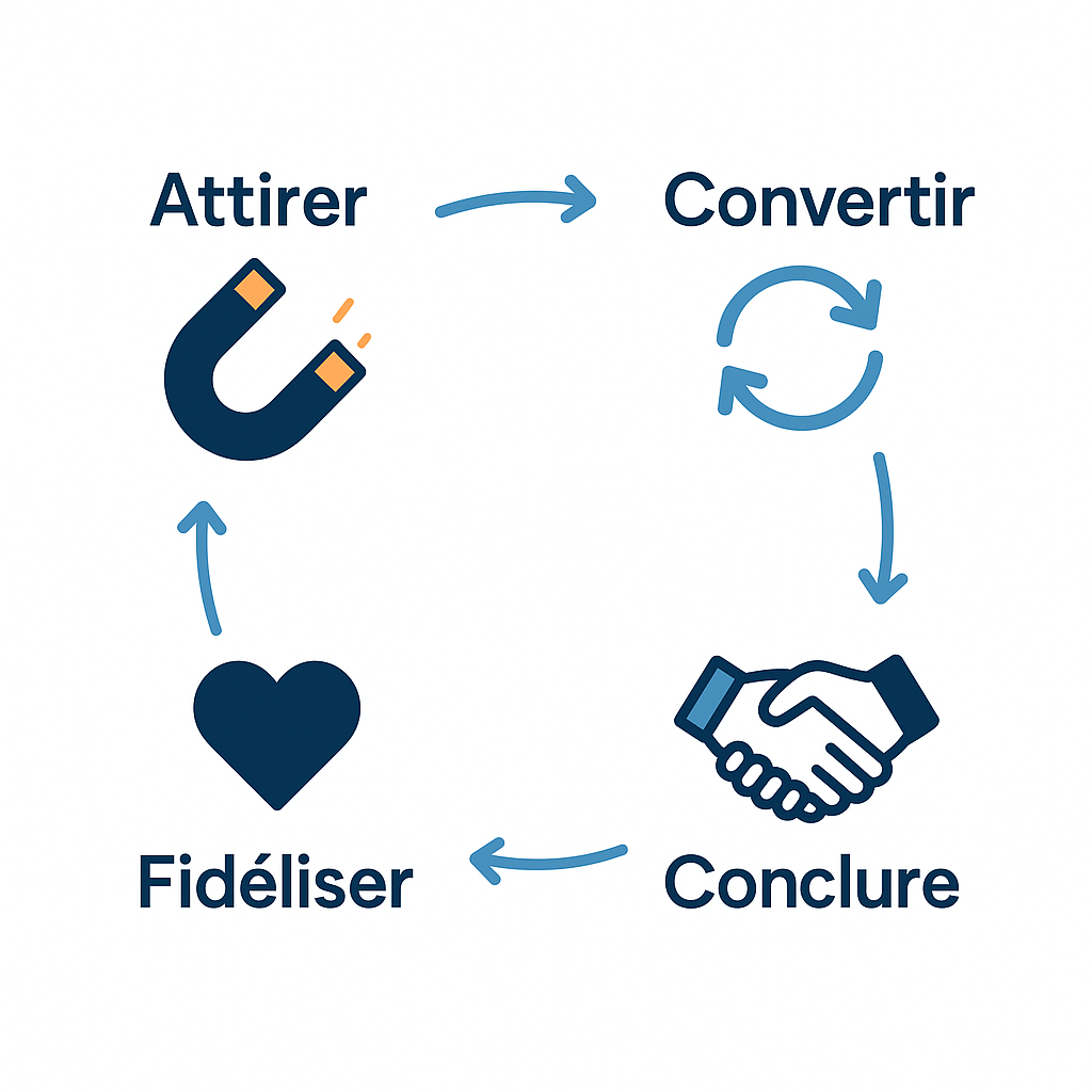 Schéma de la méthodologie inbound marketing en 4 étapes : Attirer, Convertir, Conclure et Fidéliser, représentées dans un cycle continu.