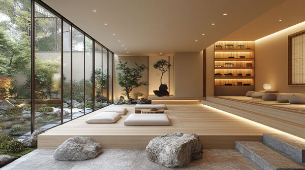Example of wabi sabi: a serene, minimalist interior with wooden platforms, soft cushions, and natural rocks, reflecting imperfect beauty.