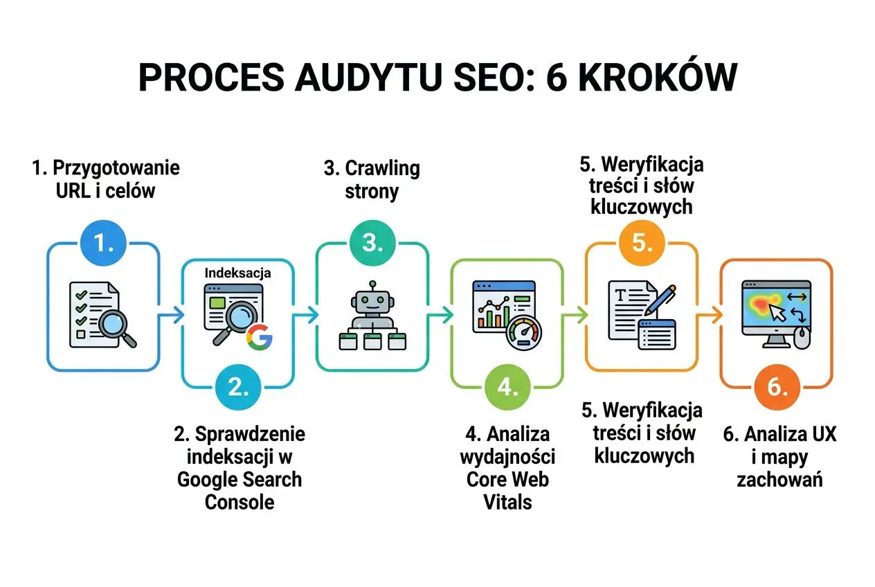 Proces audytu SEO: 6 kroków : schemat działań, etapy od przygotowania URL i celów, poprzez crawling, analizę wydajności, weryfikację treści i słów kluczowych, aż po analizę UX i map zachowań. Integruję frazę audyt onpage seo.