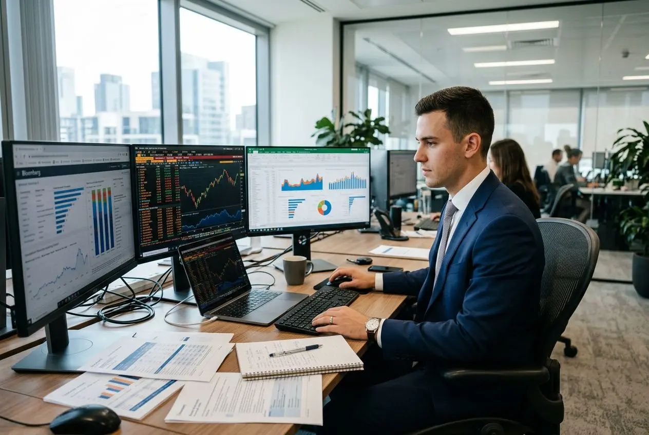 Analyste financier au bureau, travaillant sur plusieurs écrans avec graphiques et rapports, dans un espace professionnel. métiers après école commerce.