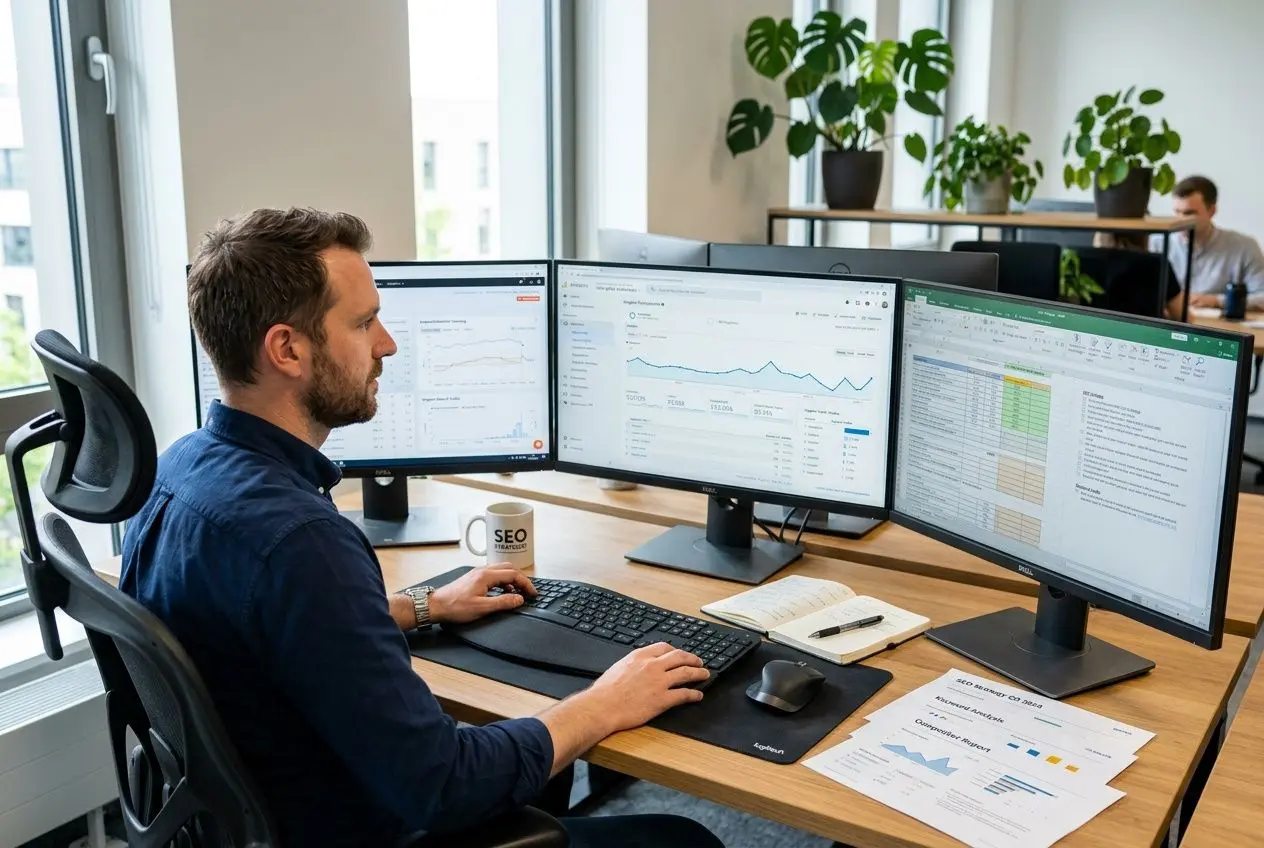 Homme au poste de travail avec trois écrans affichant des graphiques et des données SEO, calculant le suivi des positions. Automatiser suivi positions seo, salle lumineuse avec plantes.