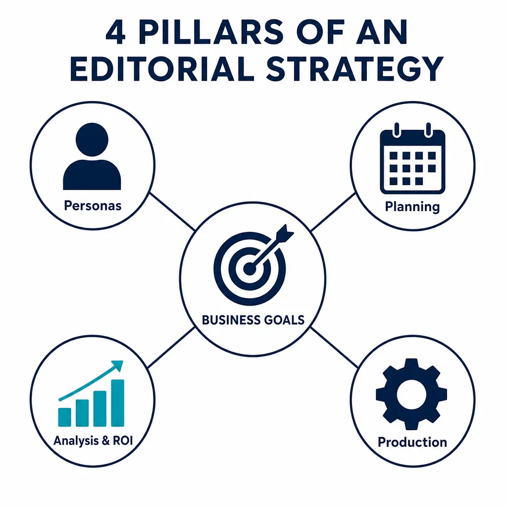 Diagram of the four pillars of an editorial strategy: personas, planning, production, and analysis, all built around business goals.