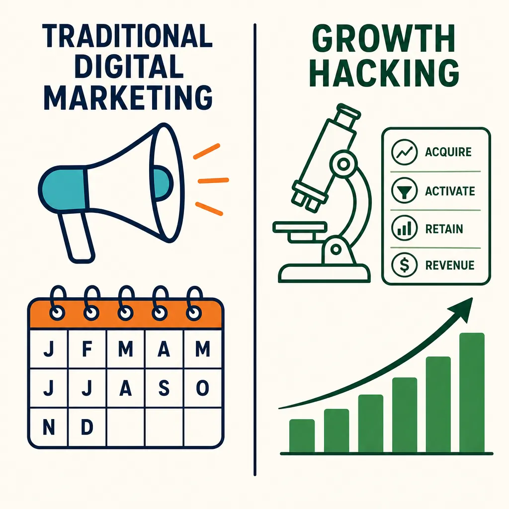 Infographic comparing the traditional digital marketing approach with the growth hacking approach.