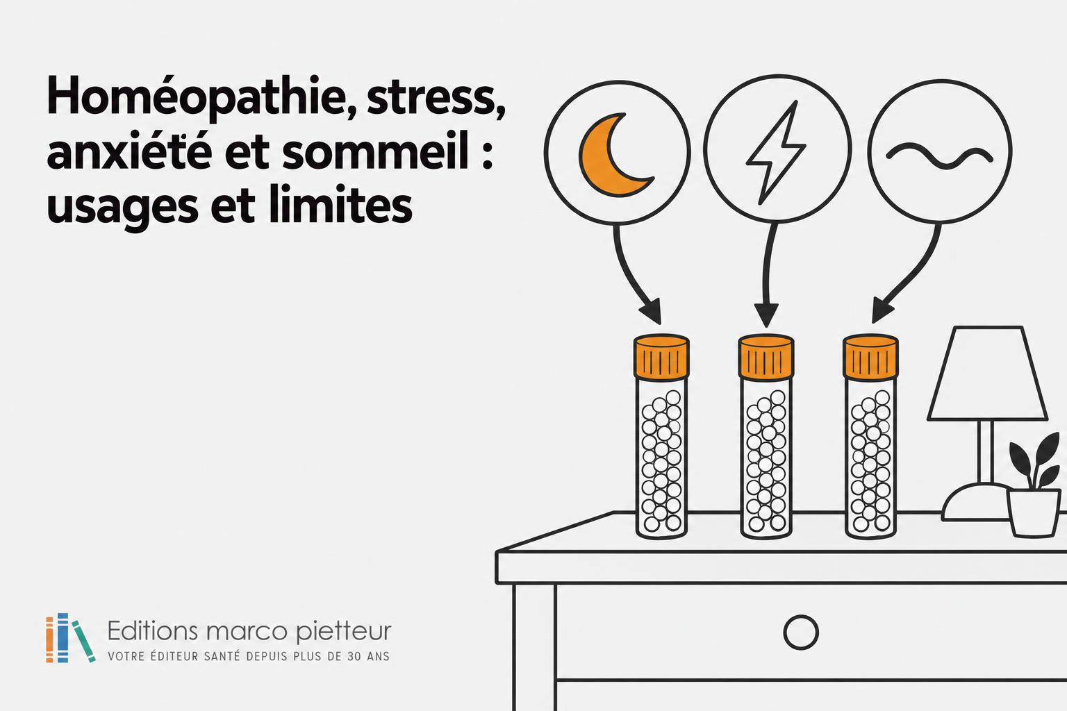 Trois flacons de souches homéopathiques reliés à des pictogrammes du stress, de l'anxiété et du sommeil