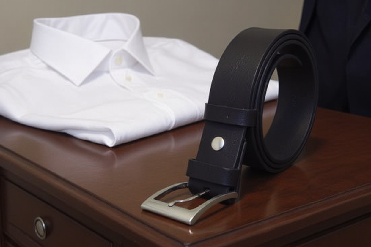 Ceinture en cuir noire à boucle métallique argentée posée sur une table en bois, près d’une chemise blanche pliée.