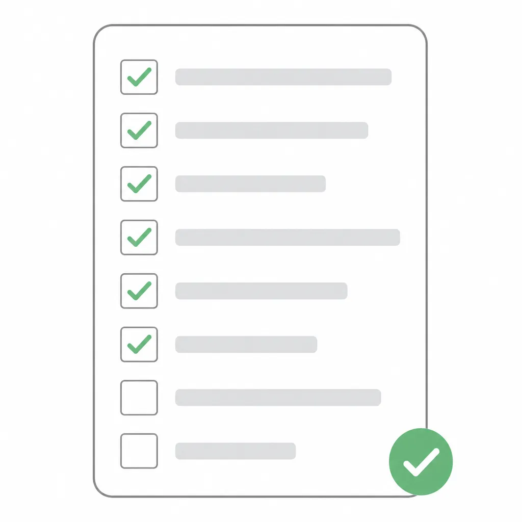 Checklist de pré-publication : une page dont la plupart des points de contrôle sont cochés avant mise en ligne.