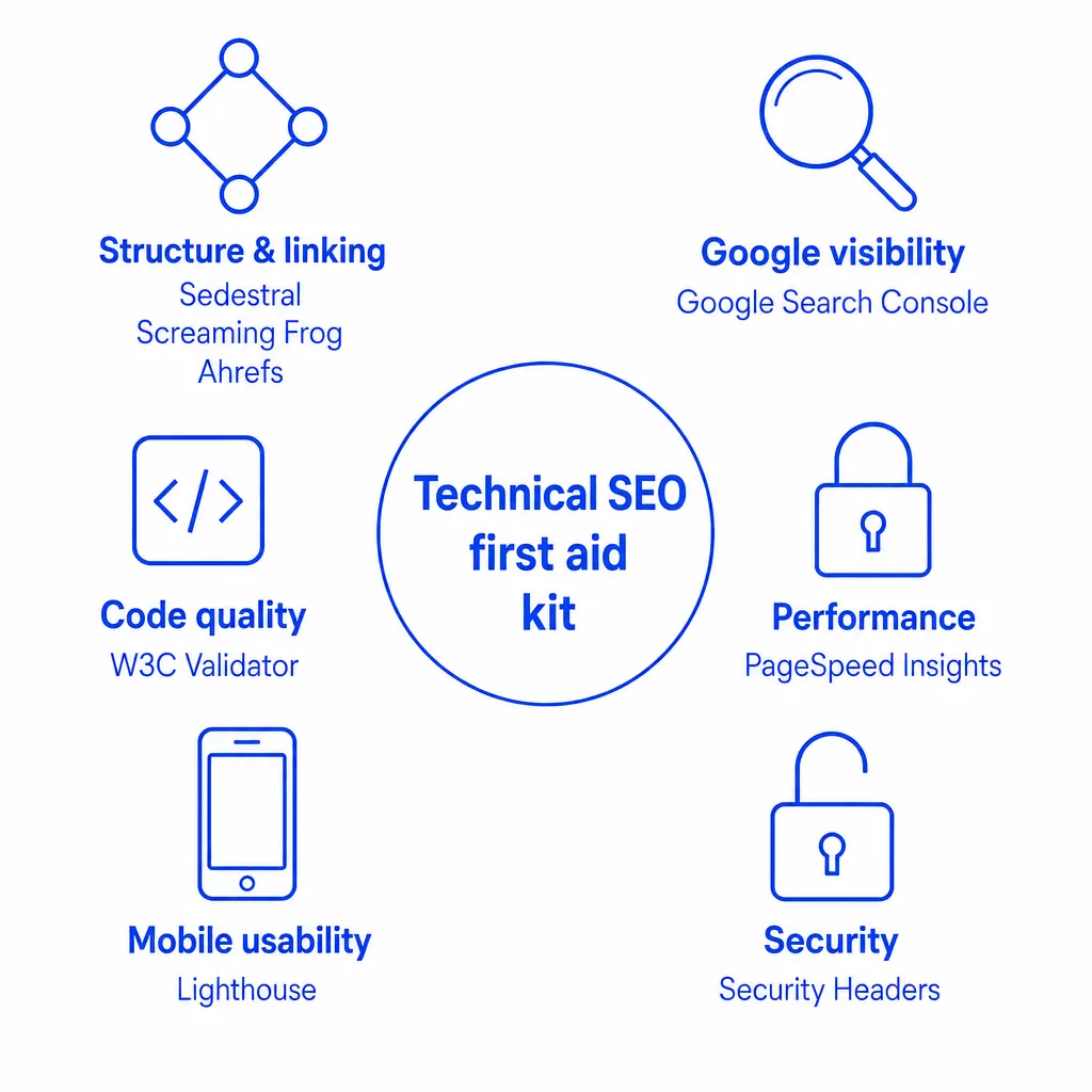 Technical SEO first aid kit: the audit tools grouped by need, from structure and Google visibility to code quality, speed, mobile and security