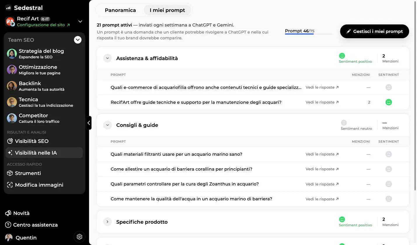Modulo visibilità nelle IA di Sedestral: 21 prompt attivi inviati ogni settimana a ChatGPT e Gemini, con menzioni e sentiment per tema
