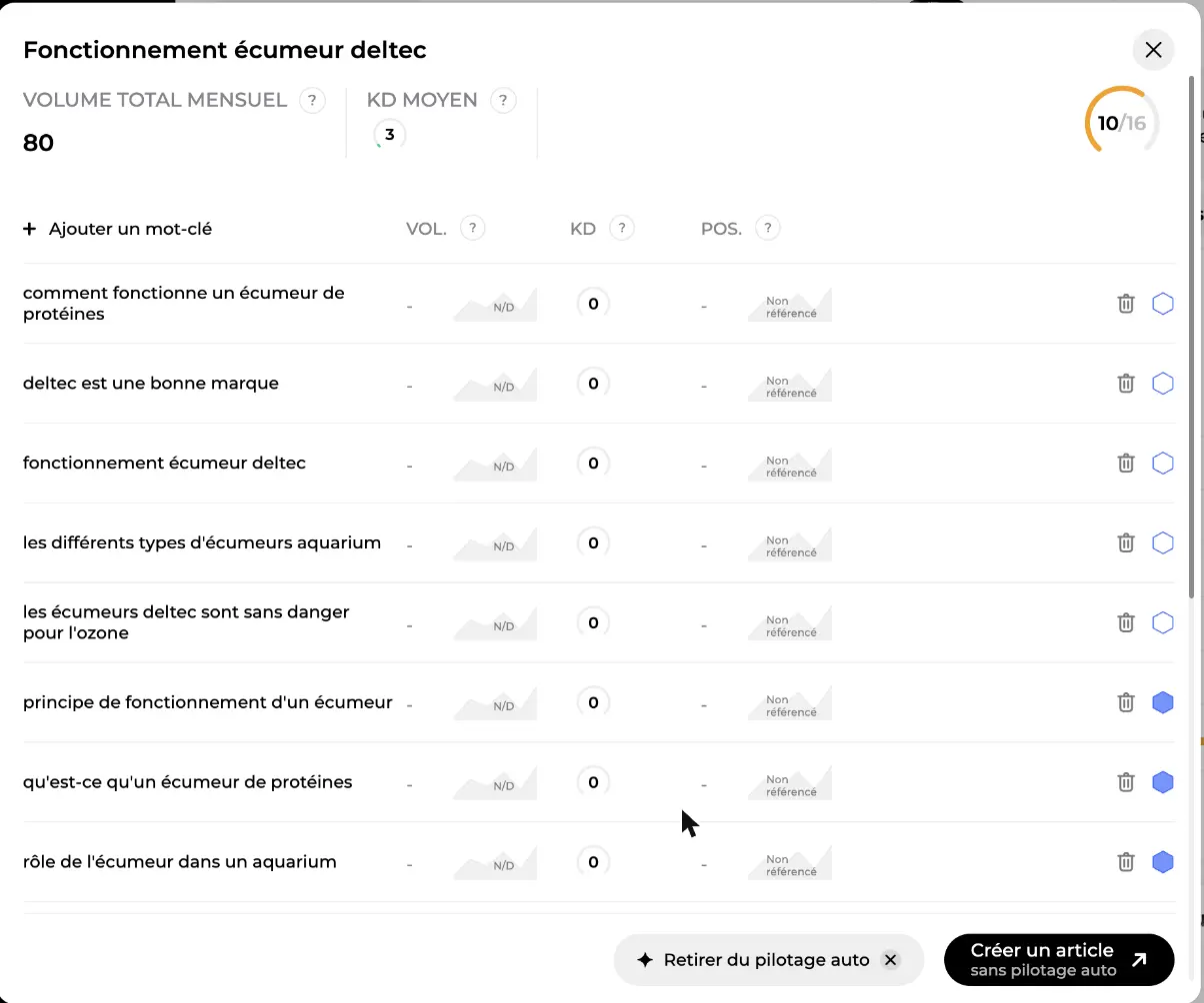 Fenêtre de détail d’un cluster listant chaque mot-clé avec volume, difficulté, position et couverture