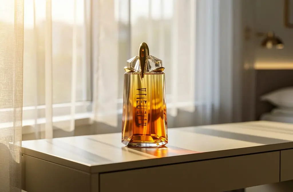 Flacon de parfum doré posé sur une coiffeuse près d'une fenêtre ensoleillée.