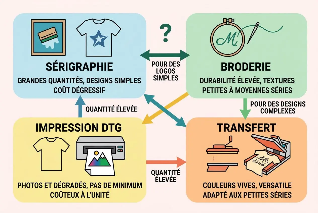 Schéma des options d'impression et transfert: sérigraphie, broderie, impression DTG et transfert, with arrows indiquant les volumes et compatibilités. stanley/stella grossiste intégré.