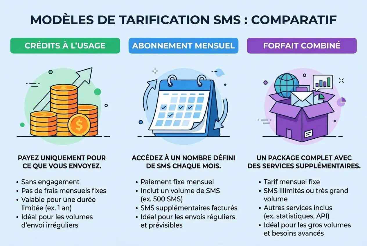 ALT: Modèles de tarification SMS avec crédits à l’usage, abonnement mensuel et forfait combiné, illustration de pièces, calendrier et boîte. Mot-clé intégré: coût d'une campagne sms.