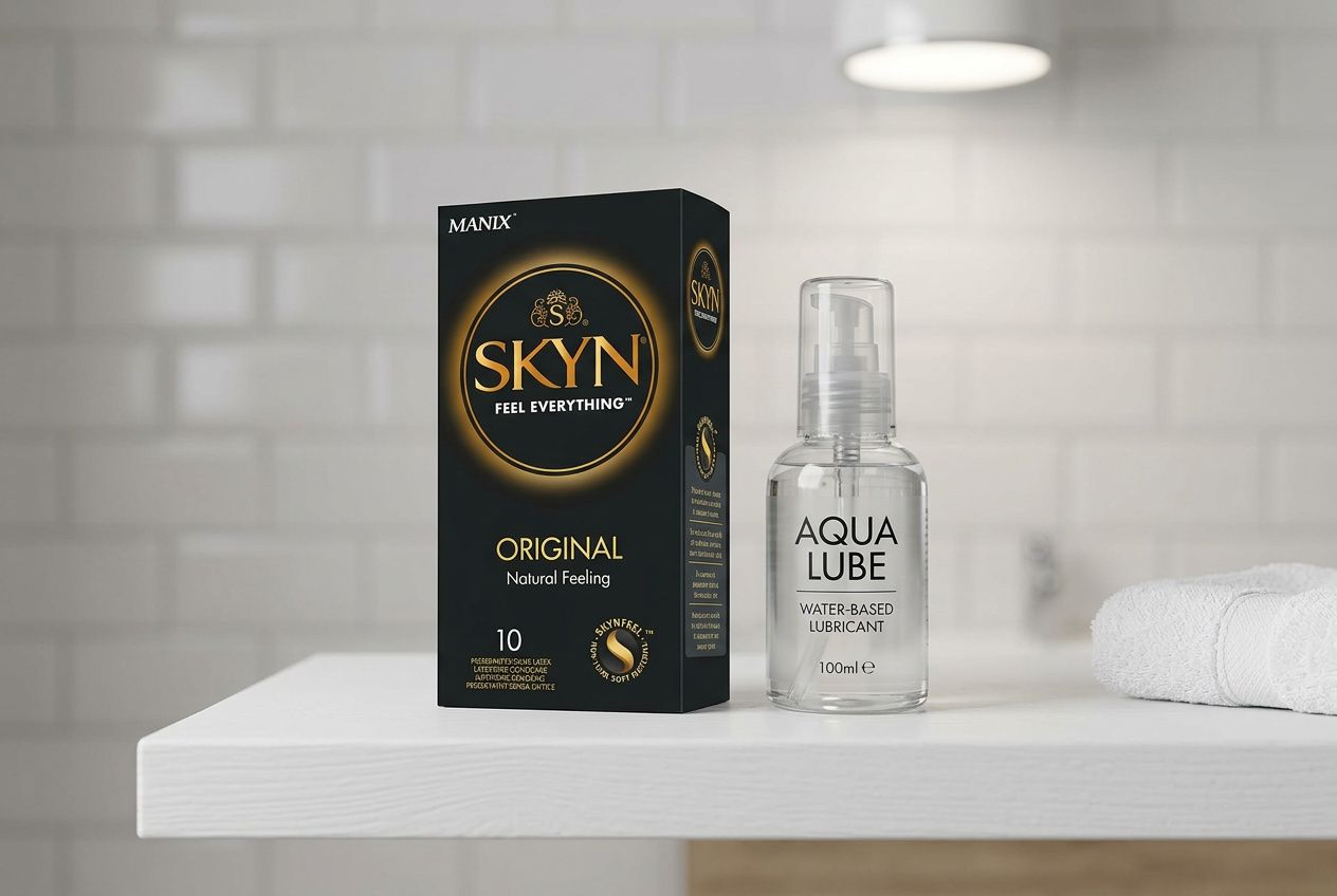 Boîte de préservatifs Manix SKYN Original sans latex posée sur une étagère de salle de bain avec un lubrifiant.