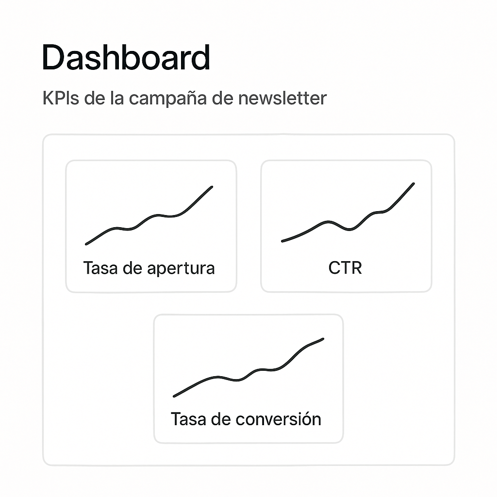 Dashboard con los KPIs principales de una newsletter: Tasa de Apertura, CTR y Tasa de Conversión.