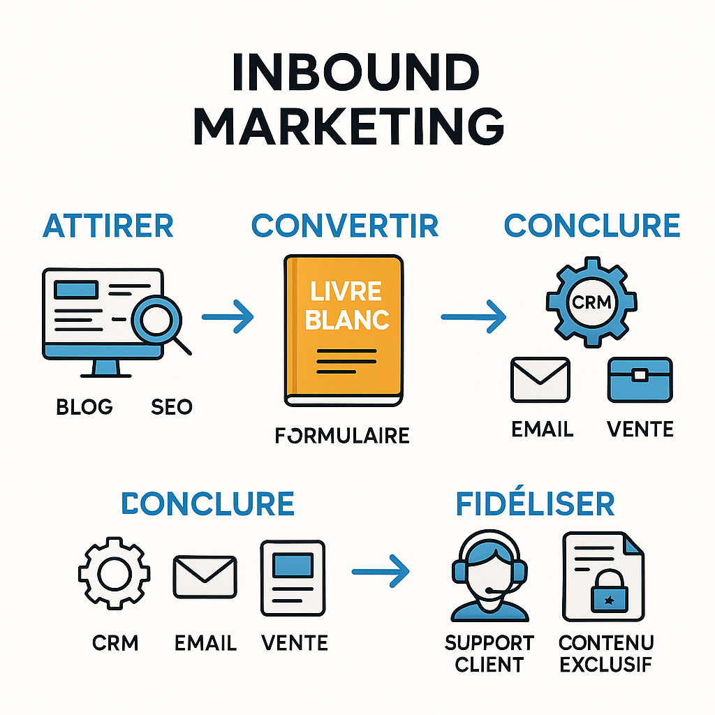 Schéma illustrant les 4 étapes de l'inbound marketing (Attirer, Convertir, Conclure, Fidéliser), où le livre blanc est un outil central pour la conversion des prospects.