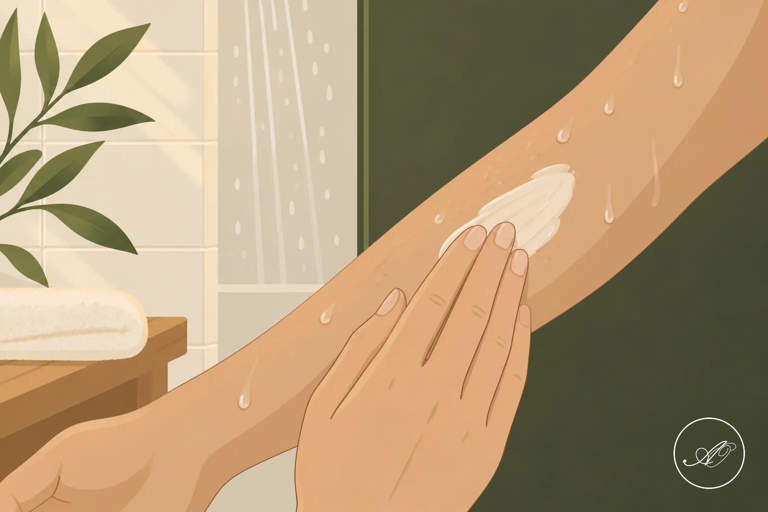 Une main applique une crème sur le bras avec une petite touche sur la peau.