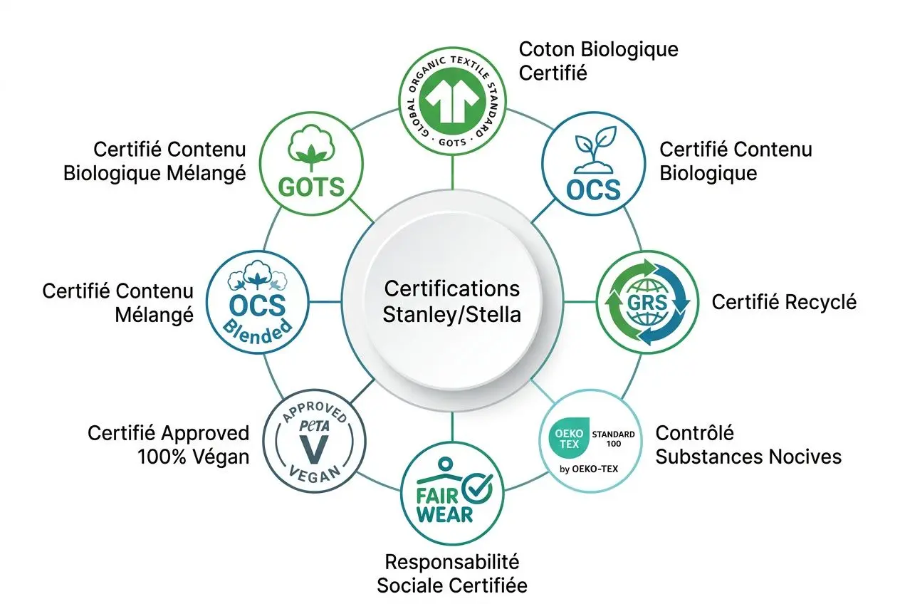 Diagramme des certifications Stanley/Stella autour du cœur métallique, affichant GOTS, OCS, OEKOTEX et autres labels bios et éthiques. stanley/stella grossiste intégré.