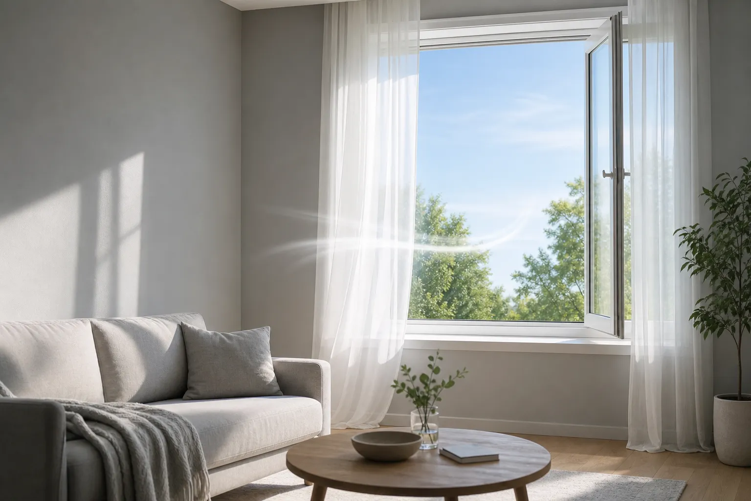 Salon lumineux avec canapé gris, rideaux transparents et fenêtre ouverte laissant entrer l’air frais; plante verte et table basse en bois. air vicié comment résoudre intégré subtilement.