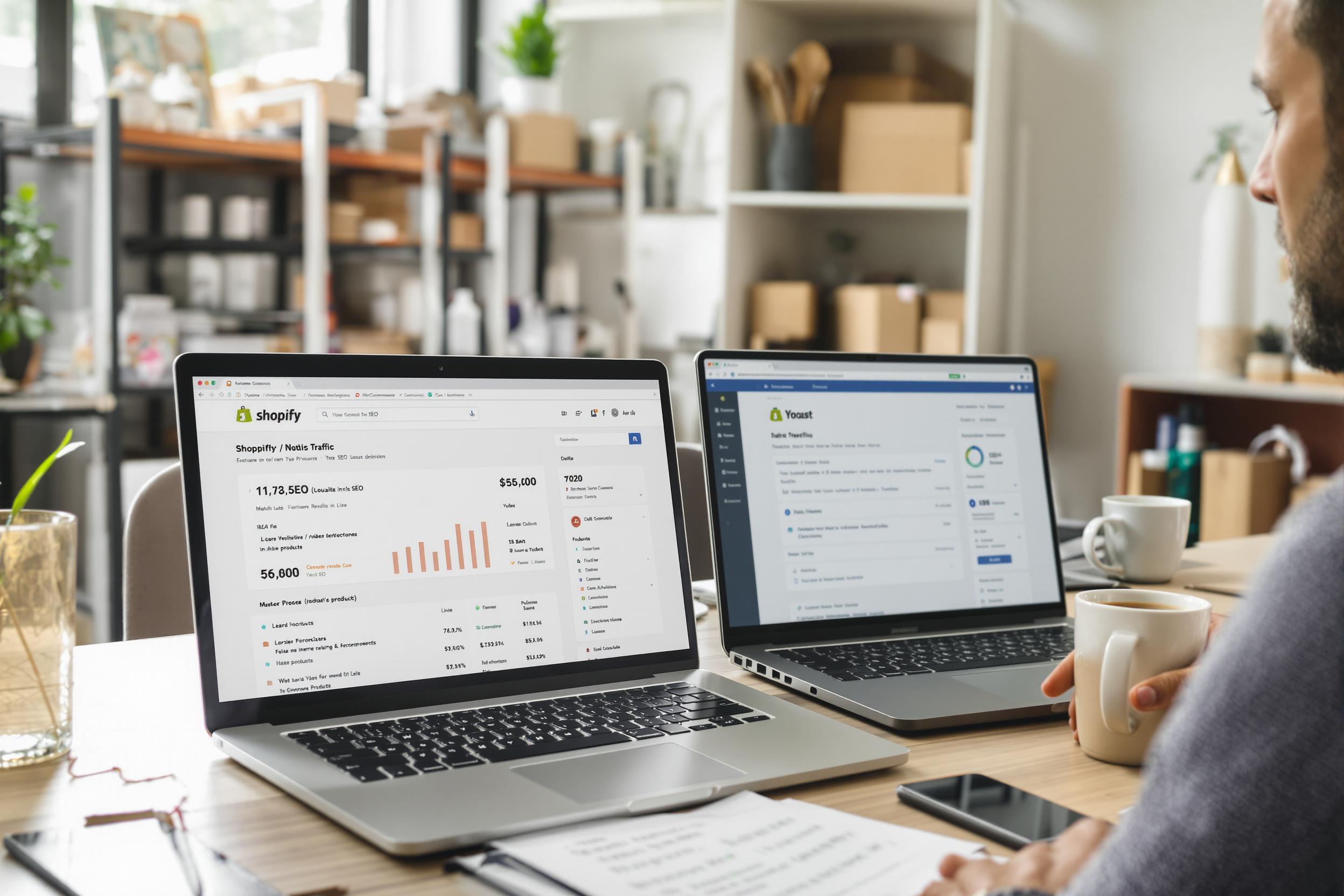 Deux chefs d'entreprise analysant côte à côte les interfaces Shopify et WooCommerce, avant de tester leurs performances SEO