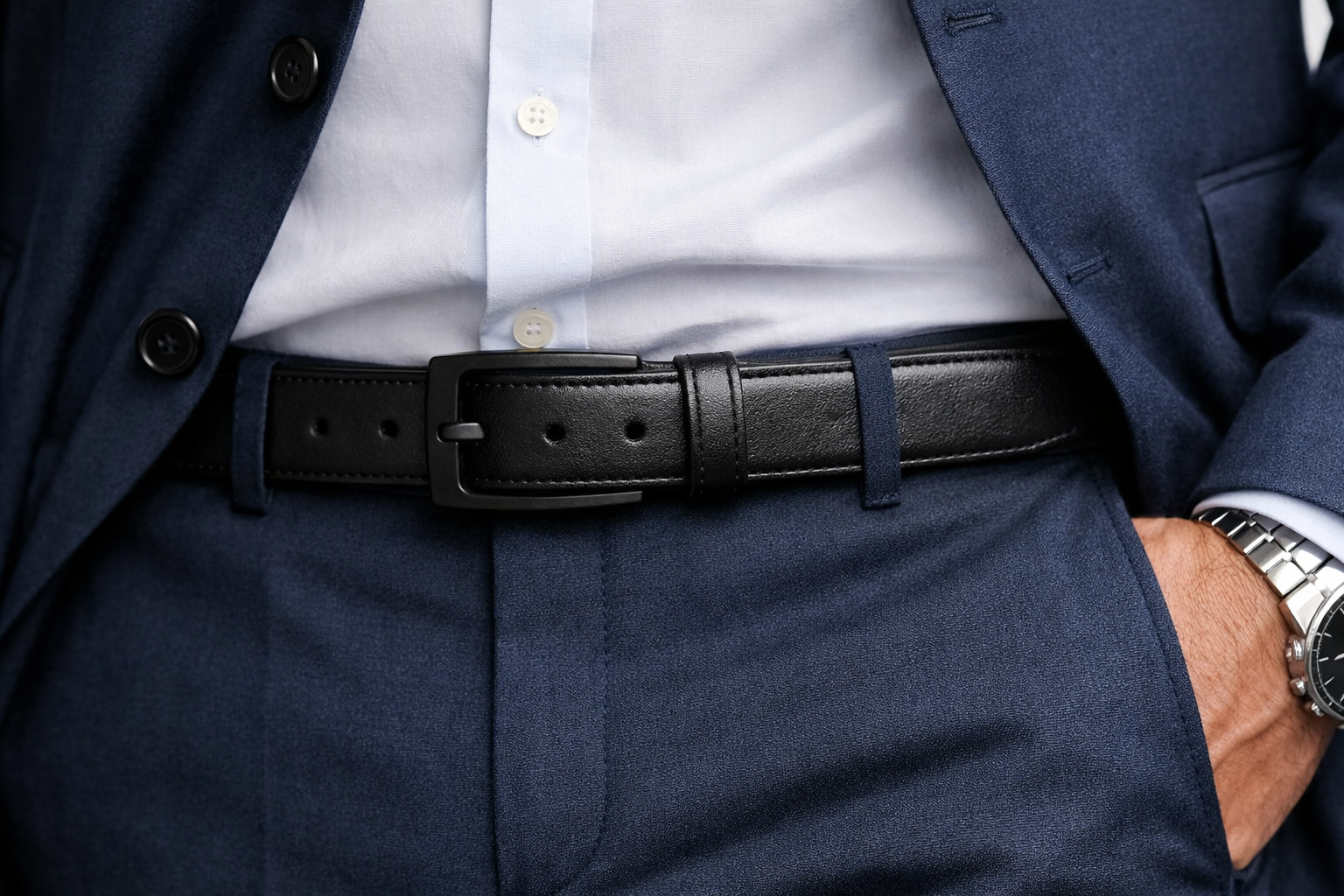 Ceinture noire en cuir avec boucle sans métal, portée sur un pantalon et une veste bleu marine, montre un homme en chemise claire et montre argentée à la montre au poignet.
