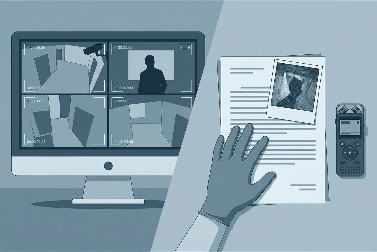 Vol en entreprise preuve : écran de surveillance et documents avec doigt sur un fichier, montre les preuves du vol d’un salarié.