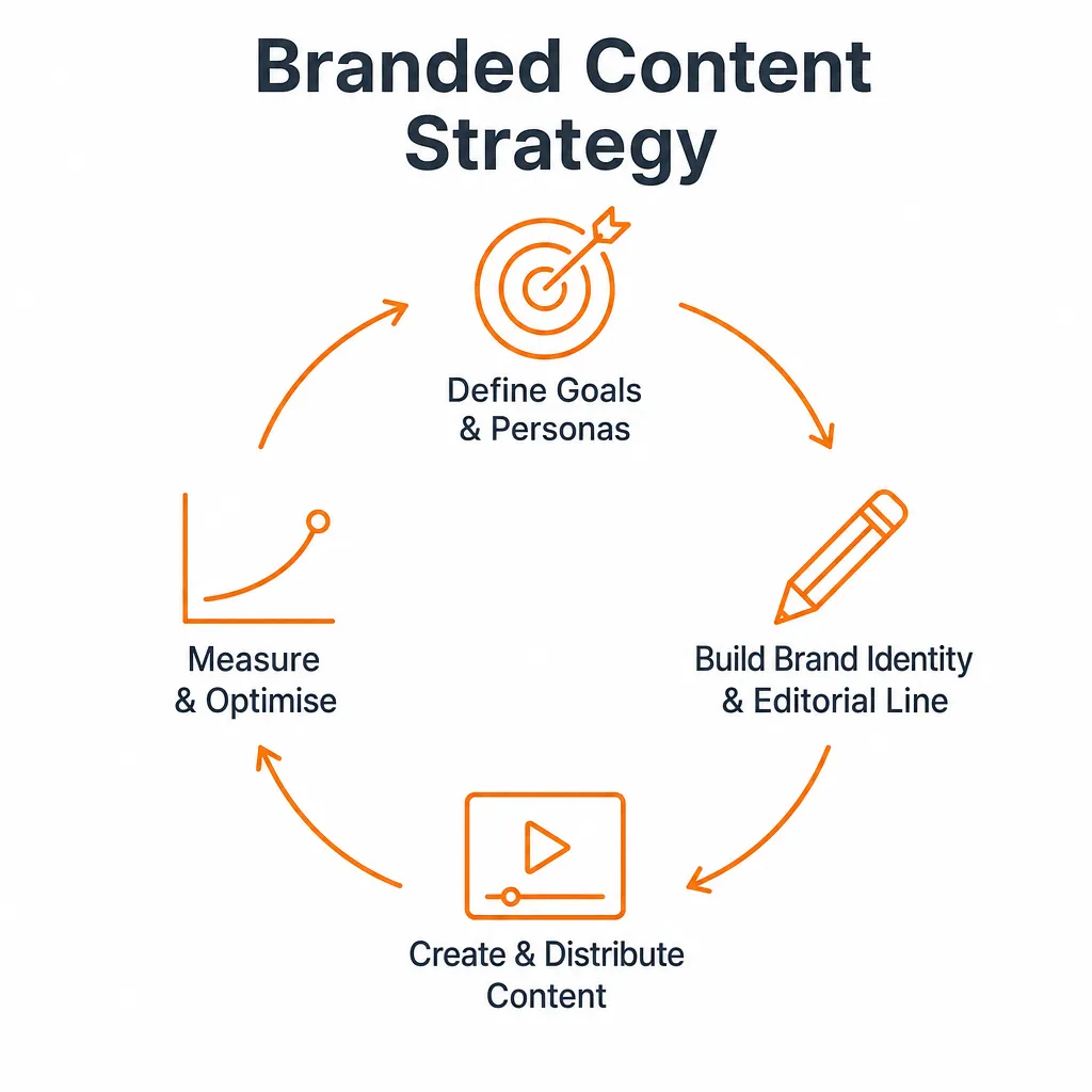 Circular diagram of the 4 key steps of a branded content strategy: define goals, build brand identity, create and distribute content, measure and optimise.