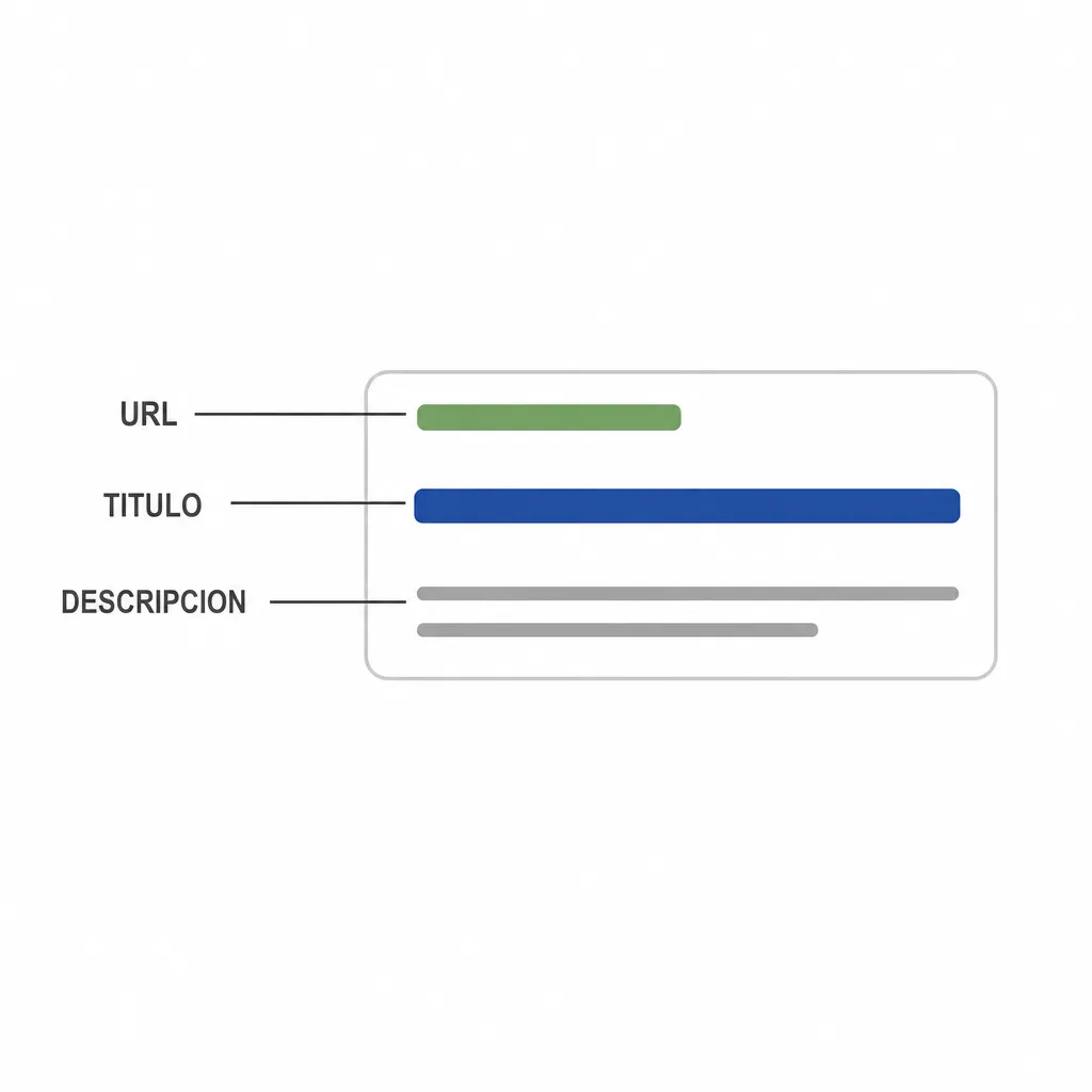 Schéma d'un résultat de recherche légendé : l'URL, le titre et la description, chaque zone reliée à son étiquette par un trait.