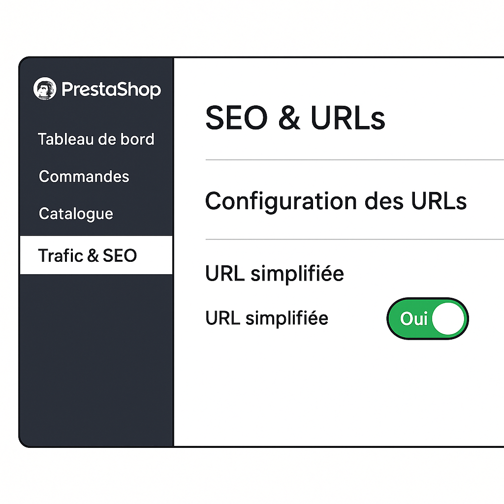 Illustration de l'interface PrestaShop montrant l'activation de l'option 'URL simplifiée' dans les paramètres de Trafic & SEO pour un meilleur référencement.