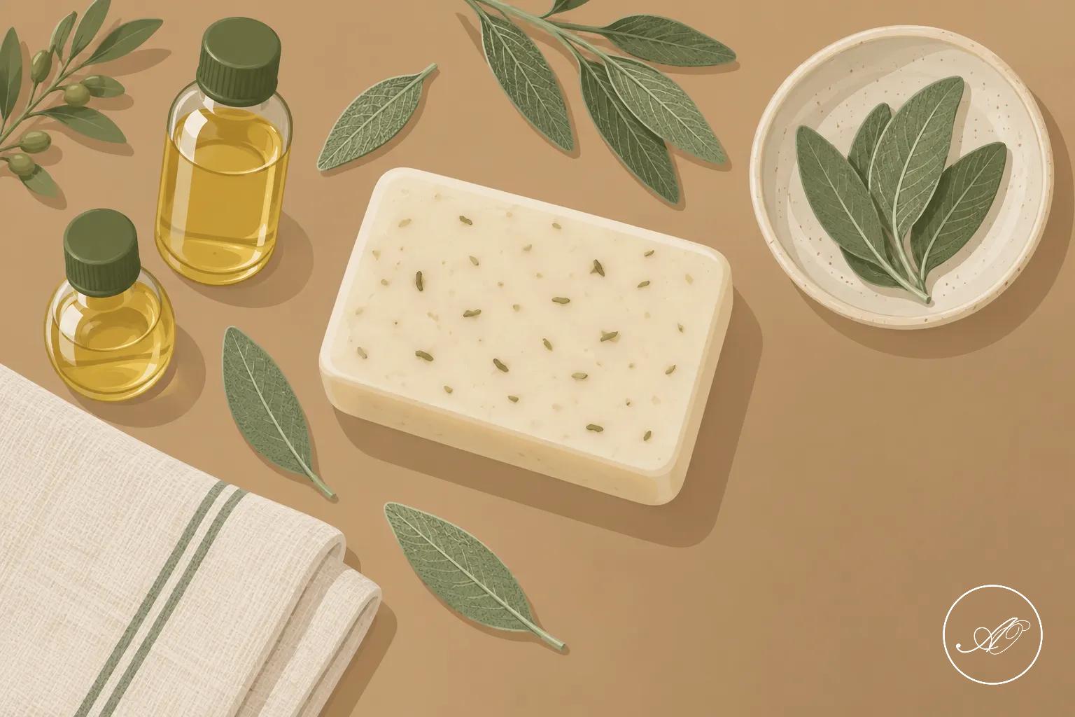 Savon surgras posé au milieu, entouré d’huiles végétales et de feuilles, avec une serviette en bas à gauche.