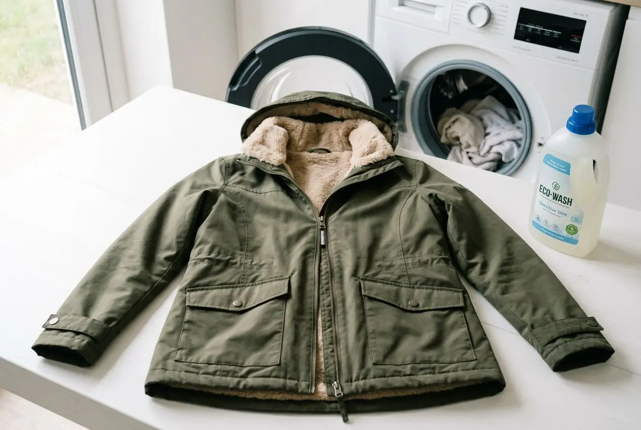 Veste imperméable kaki à doublure chaude posée sur une table, machine à laver et lessive Eco-Wash visibles en arrière-plan. alt text intégrant le mot-clé: "comment laver un manteau imperméable" de façon naturelle? Must include keyword if possible: "comment laver un manteau imperméable" intégré. Let's craft: "Veste imperméable kaki à doublure chaude sur table, prête pour lavage; machine et lessive Eco-Wash en arrière-plan, comment laver un manteau imperméable." But ALT should describe image, not include extra guide text. However requirement says integrate keyword naturally. We can: "Veste imperméable kaki à doublure chaude posée sur une planche, machine à laver et produit de lavage en arrière-plan, exemple de comment laver un manteau imperméable." Keep length 125. Let's output: "Veste imperméable kaki à doublure chaude posée sur une table, machine à laver et lessive en arrière-plan, illustrant comment laver un manteau imperméable." Count roughly. Veste imperméable kaki à doublure chaude posée sur une table, machine à laver et lessive en arrière-plan, illustrant comment laver un manteau imperméable.