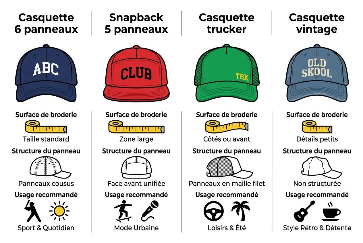 Casquettes variées (6 panneaux, snapback 5 panneaux, trucker, vintage) avec surface de broderie et conseils d'usage. broderie sur casquette qualité intégrée.
