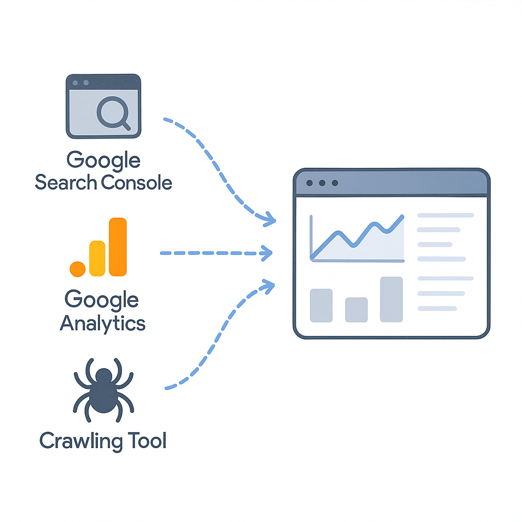 Schéma illustrant la collecte de données pour un audit de contenu SEO depuis Google Search Console, Google Analytics et un outil de crawl vers un tableau de bord central.