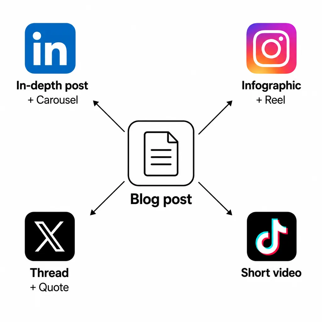 Infographic showing content repurposing: one central blog post turned into tailored posts for LinkedIn, Instagram, TikTok and X.