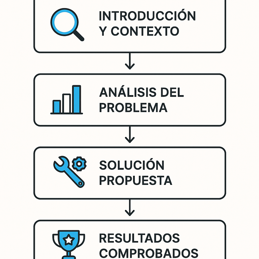 Gráfico que ilustra la estructura clave de un whitepaper efectivo, mostrando las cuatro secciones principales: introducción, análisis del problema, solución propuesta y resultados.