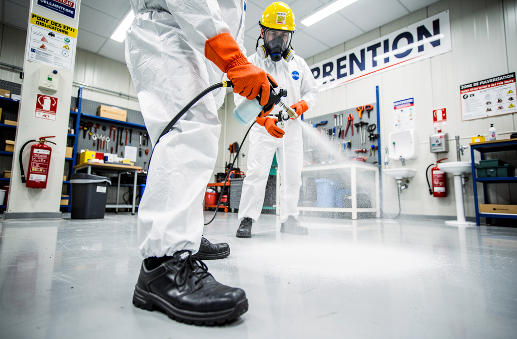 Technicien équipé portant une combinaison de protection chimique