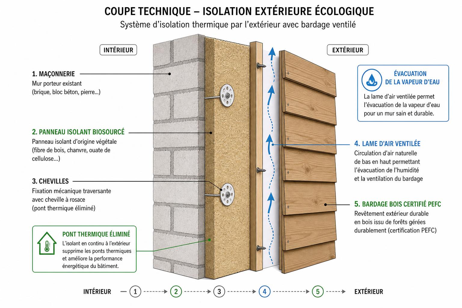 Coupe technique d’isolation extérieure écologique montrant murs, isolation biosourcée et bardage en façade, avec évacuation de la vapeur d’eau.