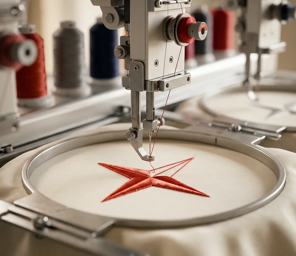 Machine à embroderie cousant une étoile rouge sur un tablier ou tissu blanc, avec moulinet et bobines en arrière-plan. tablier personnalisé broderie intégrée.