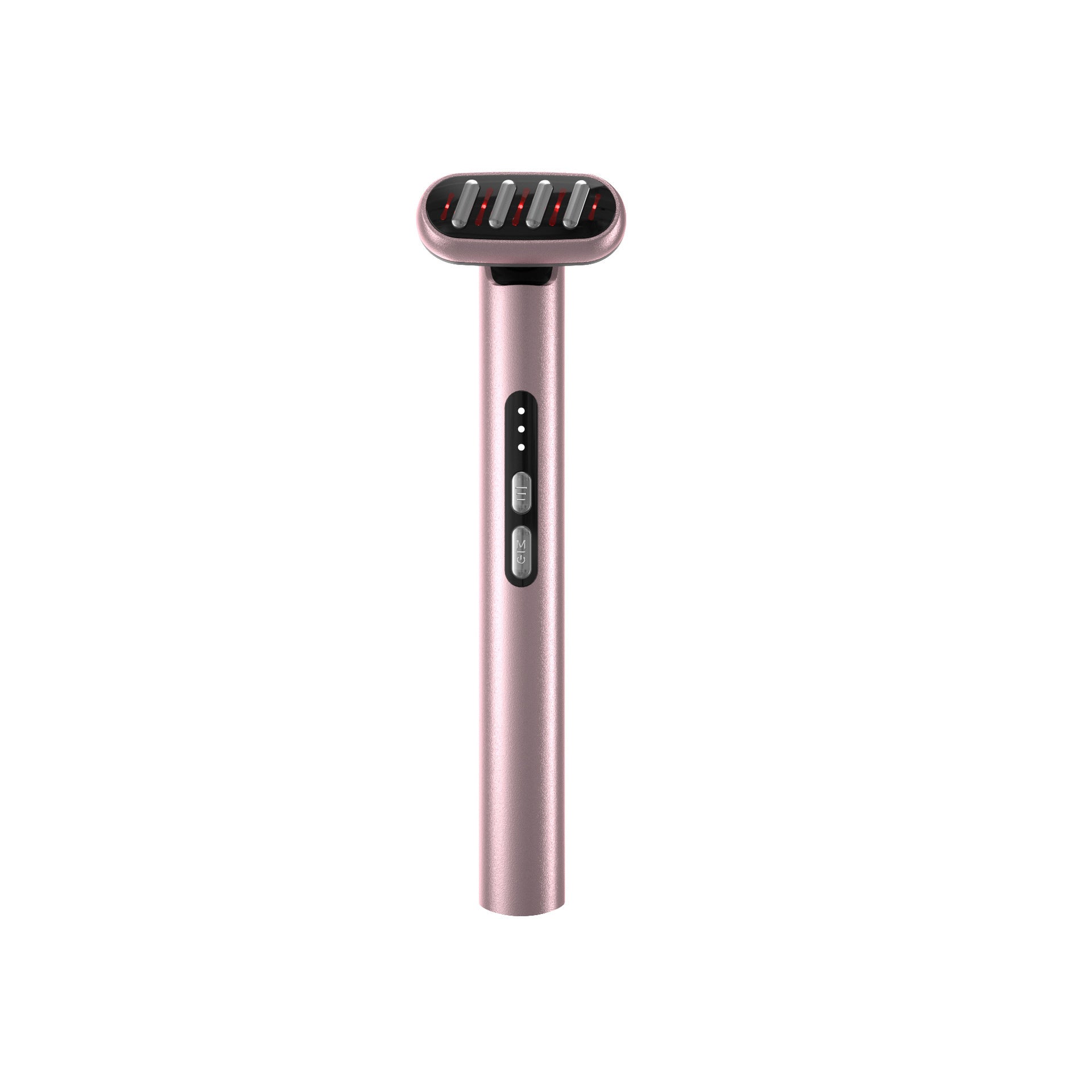 A pink microneedling tool with a top plate of five small rollers for skin treatment, used for skincare like salicylic acid for blackheads.